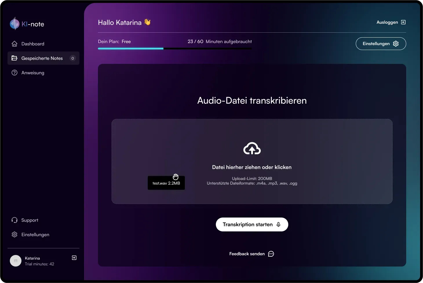 Screenshot Schritt 2: Audio-Datei hochladen